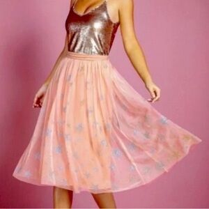 Gianni Bini Tulle Midi Skirt Size Medium Blush Pink Glitter Star Print